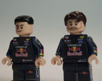 Lot 2 Figuren Red Bull F1 - Verstappen & Hadjar - Minifigur LEGO® Custom Impression UV, Cadeau Fan Formule 1 Fait Main