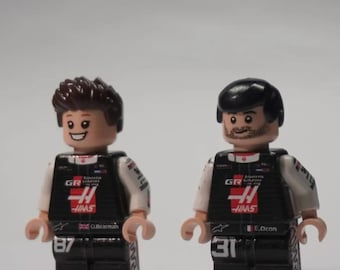 Lot 2 Figurer Haas F1 - Ocon & Bearman - Minifig LEGO® Custom Impression UV, Cadeau Fan Formule 1 Fait Main