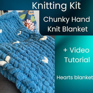 Tutorial How to Hand Knit a Chunky Blanket, Hearts Knitting Pattern and Video Instructions, DIY, Make Your Own Blanket, Chunky Yarn Blanket