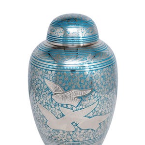 Blues Doves Brass Cremation Urn for Adult Human Ashes - Memorial, Funeral, Burial, Cemetery, or Home Decor Urn