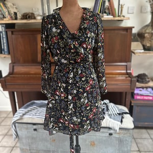 Madewell Black Floral Bird Print Wrap Dress | Size MP | Sheer Long Sleeve  Ruffle Mini Dress - Etsy
