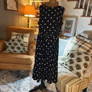 Anne Klein II Polka Dot Midi Dress | Size 12 | Navy Blue & Cream | 90s  Vintage Belted | Classic Sleeveless Midi | Elegant Retro Summer Dress