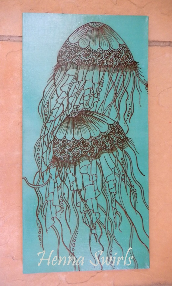 Jellyfish Acrylic Painting with Henna, Mixed Media Painting, Unique, OOAK, Global Art, Free Shipping Worldwide
