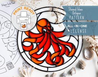 Stained Glass Octopus Pattern: DIY Suncatcher Template (Digital Download) Hobby + Commercial License