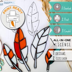 May include: Printable stained glass pattern for a set of seven feather designs. The pattern includes two sizes of each design, for a total of 14 patterns. The patterns are labeled with letters A through H. The image also includes instructions to download, print, and create the stained glass.