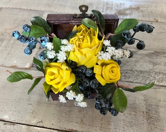Sola Flowers  in a Small Wooden Treasure Box, Yellow with Blueberries