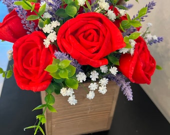 Sola Wood Flower Arrangement, Red Roses, Lavender, Babies' Breath