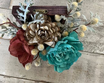 Sola Flowers  in a Small Wooden Treasure Box, Rust and Teal With Pussywillows