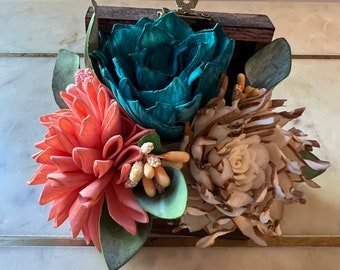 Sola Flowers in a Small Wooden Treasure Box, Turquise, Peach and White