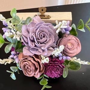 Sola Flowers in a Small Wooden Treasure Box  Dusty Lilac, Dusty Pink and Raspberry