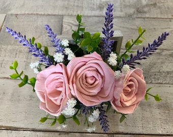 Sola Flowers  in a Small Wooden Treasure Box ,Pink Roses with Lavender and Baby's Breath