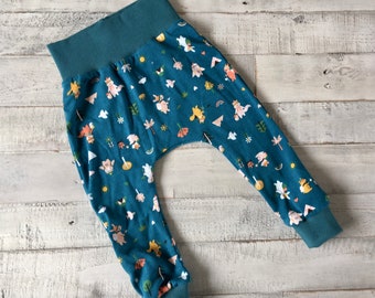 Baby Pants, Harem Pants, Baby Joggers, Cotton Pants, Forest Animals on Turquoise