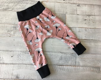 Baby Pants, Harem Pants, Baby Joggers, Cotton Pants, Flowers on Dusty Pink