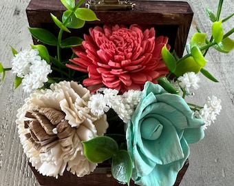 Sola Flowers in a Small Wooden Treasure Box, Red, Aqua, Cream