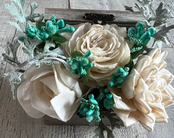 Sola Flowers in a Small Wooden Treasure Box, White with Turquoise Accents