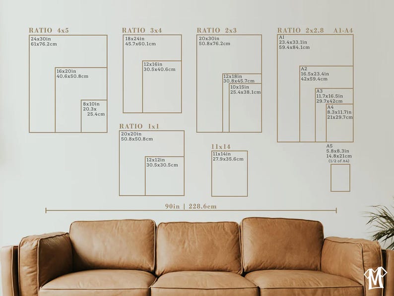 May include: A wall display featuring various print size ratios, including 4x5, 3x4, 2x3, 2x2.8, and 1x1, with measurements in inches and centimeters. A brown leather sofa is in the foreground.