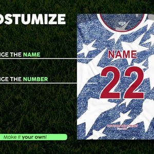 May include: A customizable jersey design with a blue and white stars and stripes pattern. The jersey features the word "NAME" above the number "22" in red. The text "COSTUMIZE", "CHANGE THE NAME", "CHANGE THE NUMBER", and "Make it your own!" are also visible.
