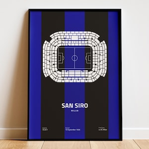Puede incluir: Un póster negro y azul con un contorno blanco del estadio San Siro en Milán, Italia. El póster incluye el texto "San Siro" y "Milán".