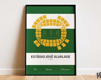 May include: A green and white poster featuring a yellow and white illustration of the Estádio José Alvalade football stadium in Lisbon, Portugal. The poster includes the text "Estádio José Alvalade" and "Lisboa".