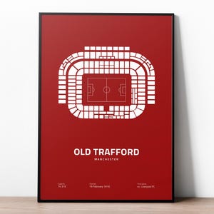 Op de afbeelding: Een rode poster met een witte omtrek van het Old Trafford stadion in Manchester, Engeland. De poster bevat de tekst "Old Trafford" en "Manchester".