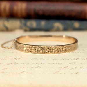 Victorian 14k Yellow Gold Hallow Taille D’épargne Bangle Engraved “Katie Bassette” and The Year “1871”