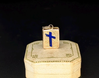 Antique 14k Yellow Gold Royal Blue Enamel Cross Mourning Locket