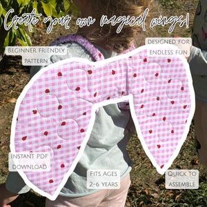 May include: Fabric wings featuring a pink and white gingham pattern with small red ladybug prints. The wings have quilted circular stitching and purple fabric straps. Text on the image reads: Create your own magical wings!, BEGINNER FRIENDLY PATTERN, DESIGNED FOR ENDLESS FUN, INSTANT PDF DOWNLOAD, FITS AGES 2-6 YEARS, QUICK TO ASSEMBLE.