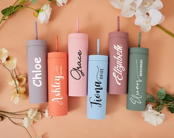 Personalized Tumbler with Lid, Bridesmaid Gift, Custom Skinny Tumbler, 16oz Tumbler, Bride Party Supply, Bridal Shower Gift, Christmas Gifts