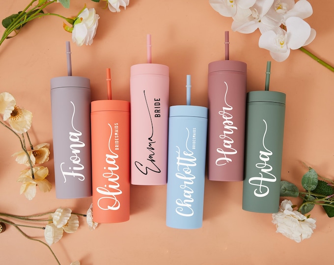 Bridesmaid Gifts, Bridesmaid Proposal, Personalized Tumbler with Same Lid and Straw, Custom Wedding Cups, 16oz Skinny Tumblers, Any Occasion