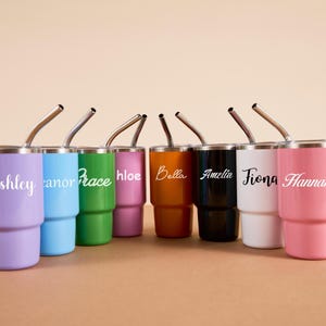 Pode incluir: Uma coleção de canecas isoladas em várias cores, cada uma com uma alça, uma palhinha de aço inoxidável e um nome personalizado em escrita branca. As cores incluem lavanda, azul, verde, rosa, laranja, preto e branco.