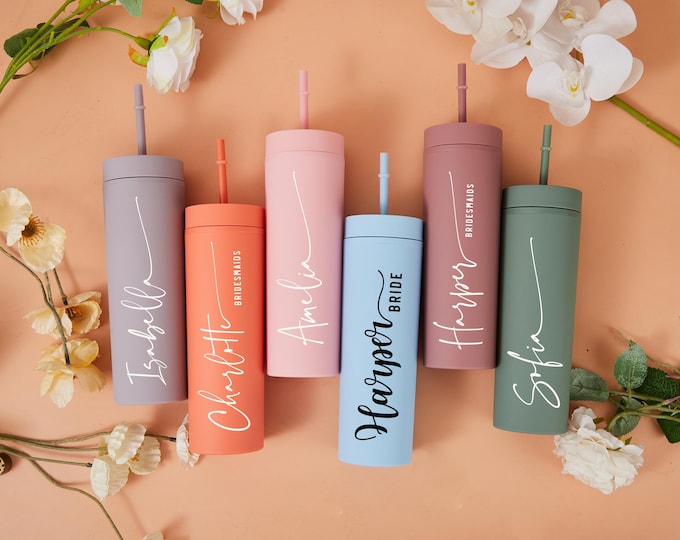 Bridesmaid Gift, Personalized Tumbler with Lid and Straw, 16oz Skinny Cup, Bridesmaid Tumbler, Bridesmaid Proposal, Bachelorette Party Gifts