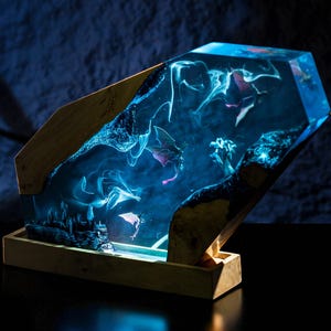 Handmade Fantasy Dragon Resin Lamp – LED Diorama Night Light with Castle Scene, Epoxy Wood Table Lamp, Halloween Gift, Unique Gift for Him