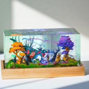Fantasy Dinosaur Resin Lamp – Handmade Diorama Night Light with LED, Forest Scene Table Lamp, Unique Home Decor Gift for Kids or Him