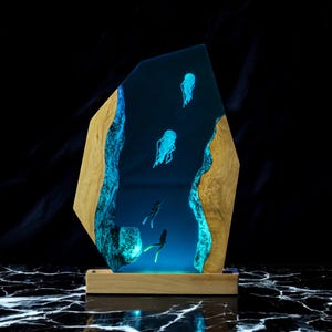Scuba Diver Ocean Night Light – Ocean Epoxy Resin Wood Lamp | Custom Handmade Resin Lamp | Unique Home DecorChristmasMother&#39;s day gift
