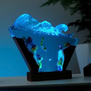 Mermaid Coral lamp resin, Ocean resin lamp,epoxy resin wood,custom resin epoxy lamp,blue ocean lamp,mermaid gift epoxy lamp,gift ideasforHer