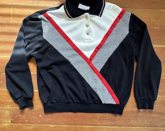 Vintage 80s Alfred Dunner Color Block Collared Sweatshirt Retro Preppy USA S