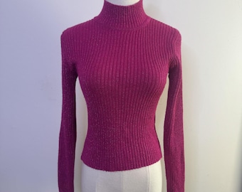 Maglione vintage anni '90 CONTEMPO a coste fucsia con collo alto • Mod Grunge Girlcore