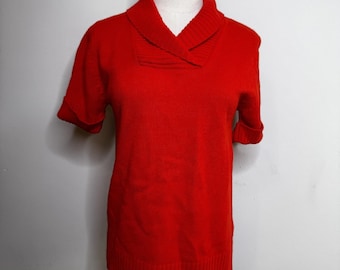 Vintage Roter V-Ausschnitt Kurzarm-Pullover 60er Jahre Mod Preppy Minimalist Officecore L