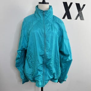 Vintage 80s Neon Teal Windbreaker Jacket Nylon Lined Track Retro M L