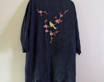 Vintage 60s Embroidered Kimono Duster Black Boho Festival Statement Layering