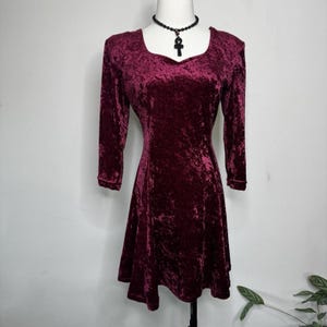Vintage 90s Burgundy Crushed Velvet Babydoll Mini Dress Goth Skater Grunge M
