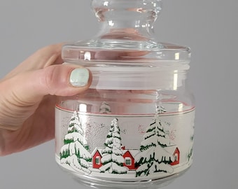 Vintage Christmas Candy Jar - Frosted Glass Winter Scene Snow Covered Pine Trees Red Cabin
