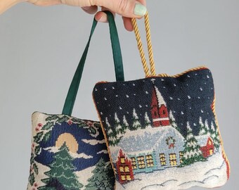 Your Choice! Christmas Needlepoint Mini Pillow/ Doorknob Hanger, Horse Drawn Sleigh Ride, Winter Church