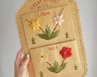 Great Smoky Mountains Raffia Letter Organizer, Embroidered Flowers, Vintage Souvenir