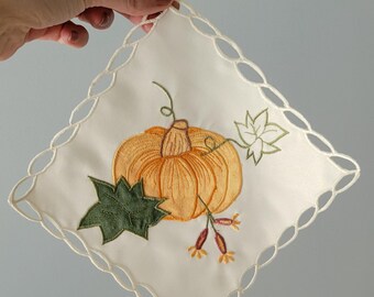 Vintage Embroidered Pumpkin Handkerchief, Fall Table Decor