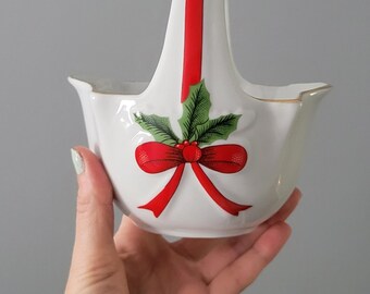 Vintage Porcelain Christmas Basket Holly Berry Design