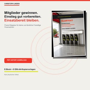 Op de afbeelding: Een digitale gids getiteld Klartext im Gerätehaus voor vrijwillige brandweerkorpsen. De omslag toont een foto van het interieur van een brandweerkazerne met hangende uitrusting en een rode brandweerwagen.
