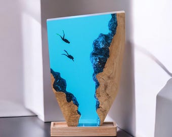Scuba Diver Ocean Resin Lamp – Blue Epoxy Wood Night Light, Shark Sea Life Decor