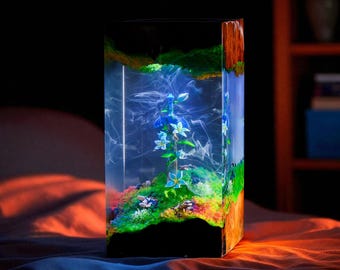 LED Resin Night Light, Handmade Flower Lamp with Wooden Base, Glowing Acrylic Art Light, Unique Desk Decor, Ambient Mood Lamp, Gift For Him