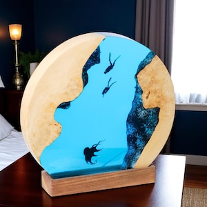 Underwater Ocean Resin Lamp with Octopus and Divers, Epoxy Night Light, Handmade Wooden LED Lamp, Unique Ocean Decor Gift, Sea Lovers Gift